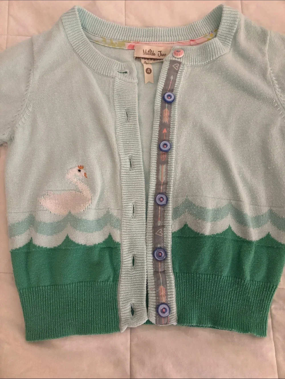 Matilda Jane Sz 4 girls Light Aqua Swan Cardigan Sweater